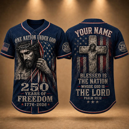 Christian Patriotic Baseball Jersey, Custom Name Jesus Jersey, One Nation Under God Shirt, 250 Years of Freedom 1776 2026 Gift, America 250 | KD30