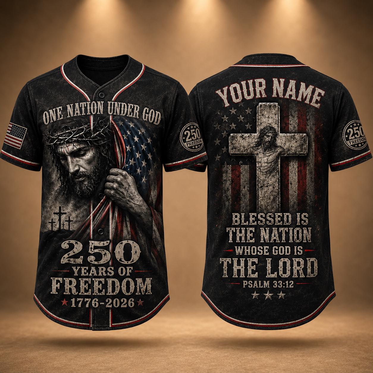 Christian Patriotic Baseball Jersey, Custom Name Jesus Jersey, One Nation Under God Shirt, 250 Years of Freedom 1776 2026 Gift, America 250 | KD30