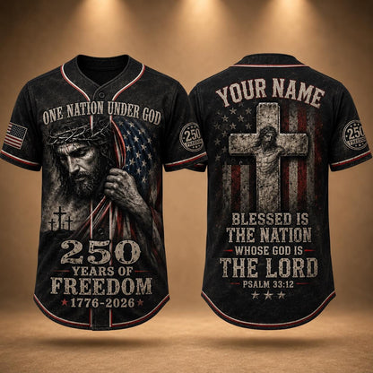 Christian Patriotic Baseball Jersey, Custom Name Jesus Jersey, One Nation Under God Shirt, 250 Years of Freedom 1776 2026 Gift, America 250 | KD30