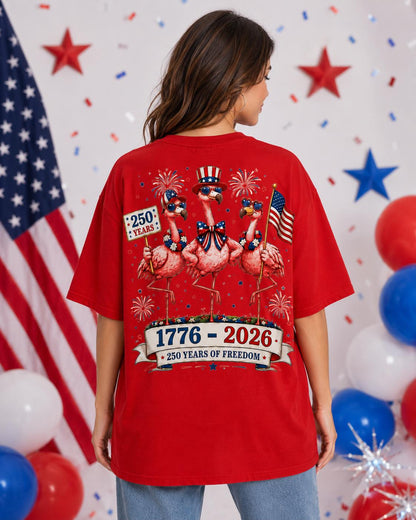 Comfort Colors America 250 Flamingo Shirt, 1776 2026 Patriotic Red T-Shirt, Front Back Graphic Tee for Women July 4th Gift Outfit Tee | IS12