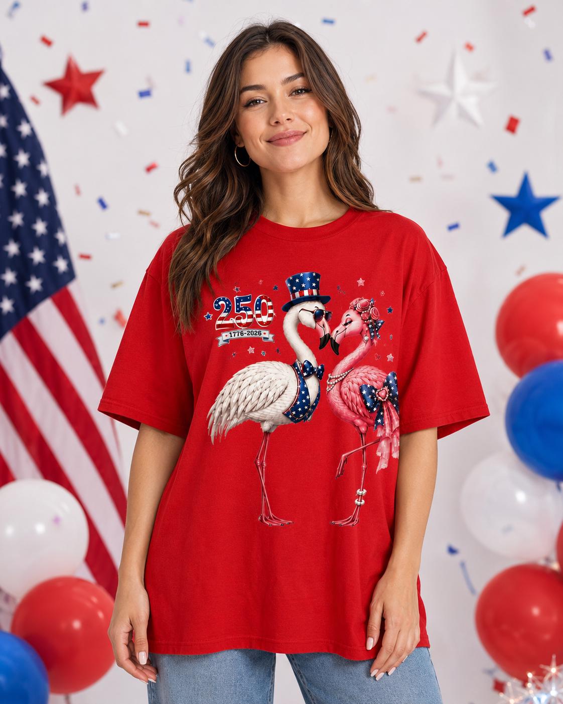 Comfort Colors America 250 Flamingo Shirt, 1776 2026 Patriotic Red T-Shirt, Front Back Graphic Tee for Women July 4th Gift Outfit Tee | IS12