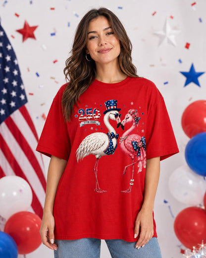 Comfort Colors America 250 Flamingo Shirt, 1776 2026 Patriotic Red T-Shirt, Front Back Graphic Tee for Women July 4th Gift Outfit Tee | IS12