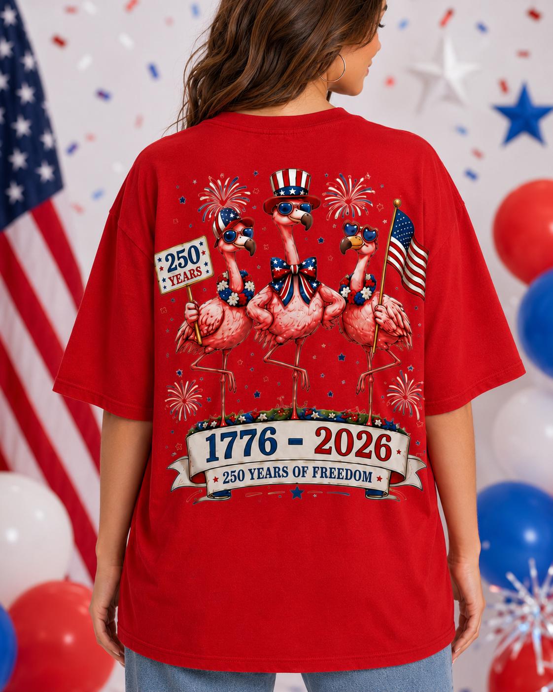 Comfort Colors America 250 Flamingo Shirt, 1776 2026 Patriotic Red T-Shirt, Front Back Graphic Tee for Women July 4th Gift Outfit Tee | IS12