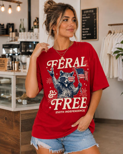 Comfort Colors Feral and Free Raccoon Shirt, 250th Independence Red Patriotic USA T-Shirt for Women Mom July 4th Gift Outfit Tee | VT91