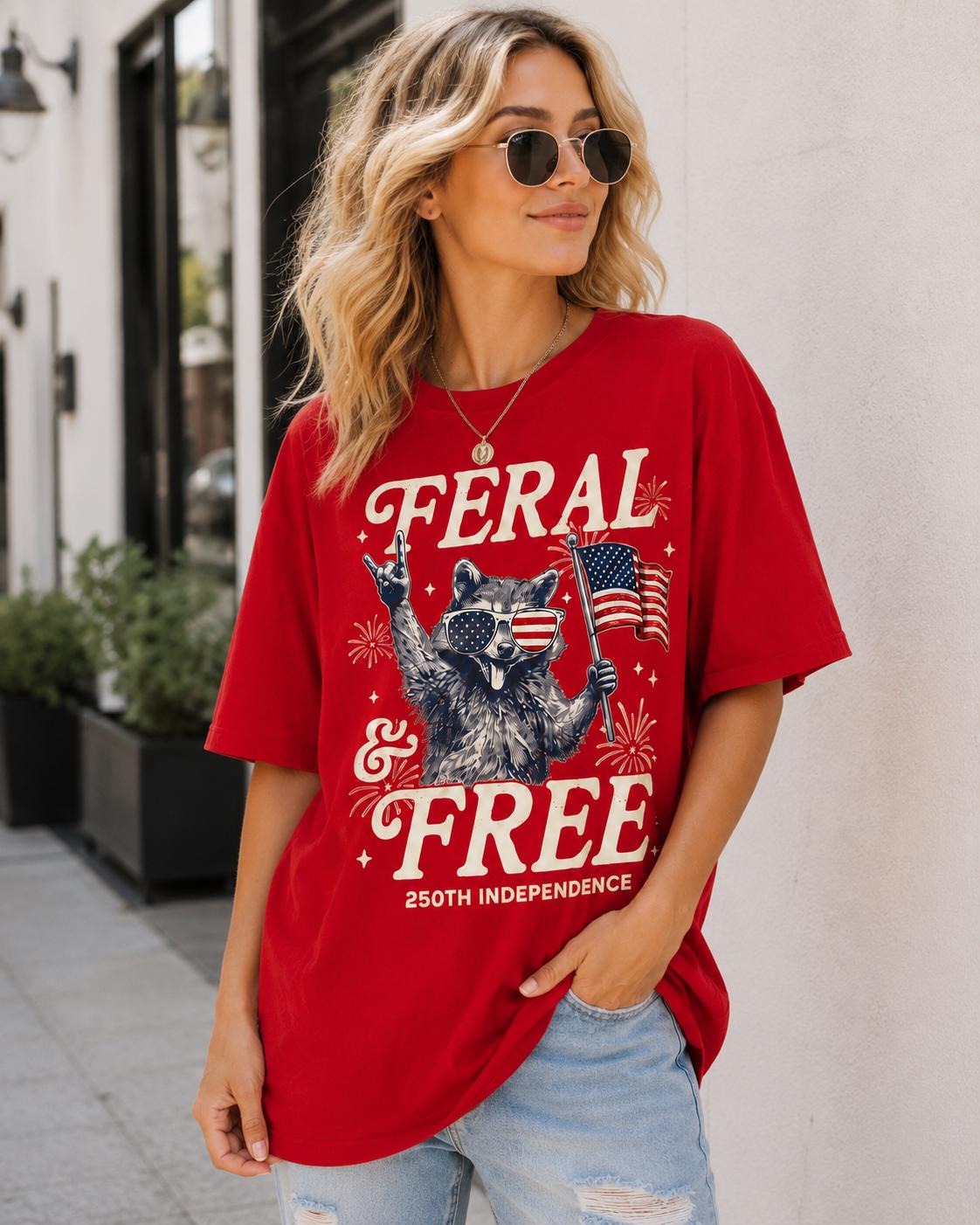 Comfort Colors Feral and Free Raccoon Shirt, 250th Independence Red Patriotic USA T-Shirt for Women Mom July 4th Gift Outfit Tee | VT91