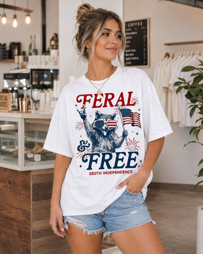 Comfort Colors Feral and Free Raccoon Shirt, 250th Independence Red Patriotic USA T-Shirt for Women Mom July 4th Gift Outfit Tee | VT91