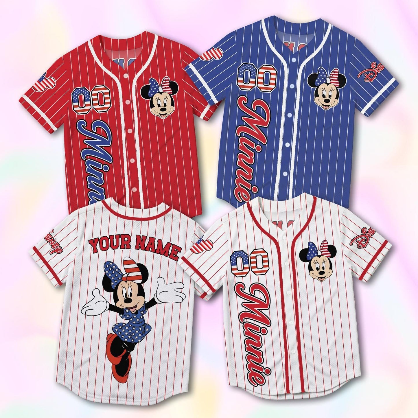 Custom Minnie Mouse Baseball Jersey, USA 250th Anniversary Shirt, Personalized 1776-2026 Disney Family Vacation Gift | PY20