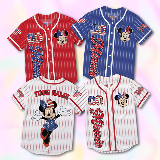 Custom Minnie Mouse Baseball Jersey, USA 250th Anniversary Shirt, Personalized 1776-2026 Disney Family Vacation Gift | PY20