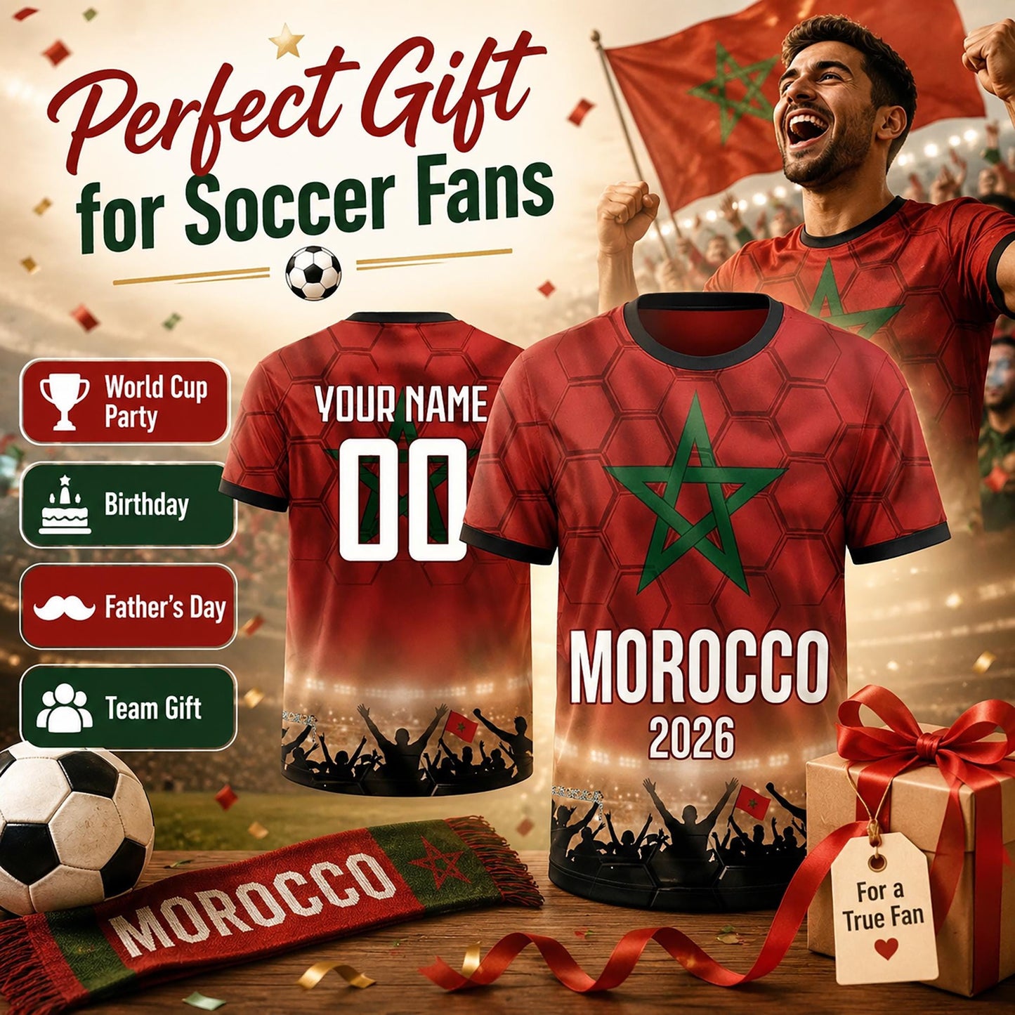 Custom Morocco Soccer Jersey 2026 World Cup, Personalized Name Number Shirt, Unisex Fan Apparel Gift | CD90