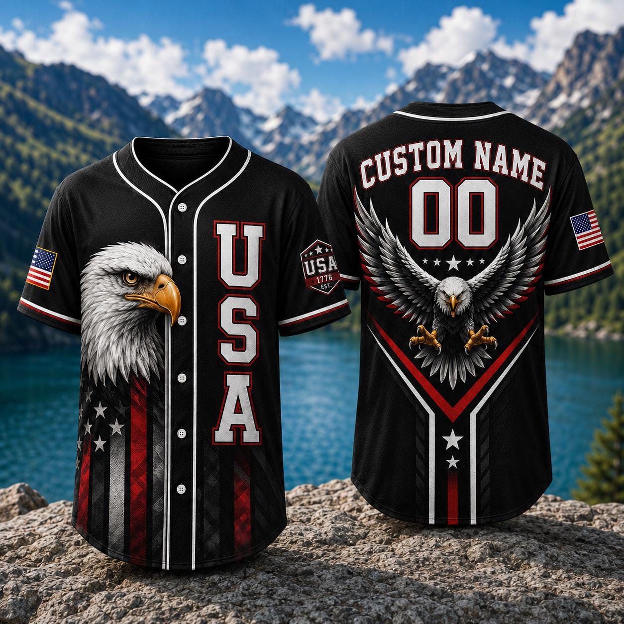 USA Eagle Baseball Jersey, Custom Name Patriotic Jersey, American Flag Shirt, Bald Eagle USA Jersey, Personalized 00 Freedom Gift | AB84