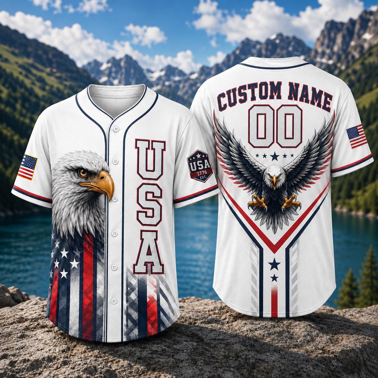 USA Eagle Baseball Jersey, Custom Name Patriotic Jersey, American Flag Shirt, Bald Eagle USA Jersey, Personalized 00 Freedom Gift | AB84