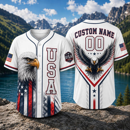 USA Eagle Baseball Jersey, Custom Name Patriotic Jersey, American Flag Shirt, Bald Eagle USA Jersey, Personalized 00 Freedom Gift | AB84