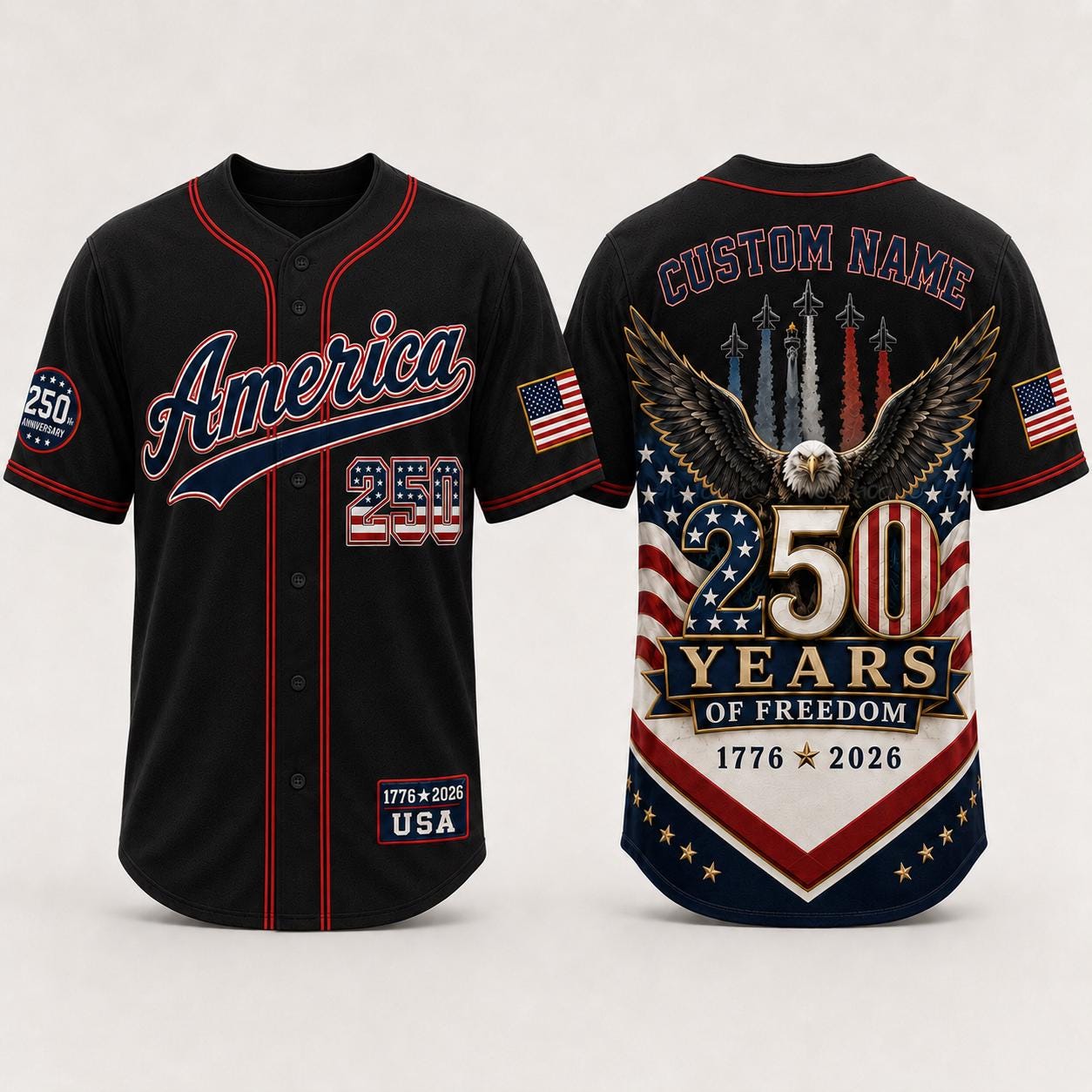 Personalized America 250 Years Baseball Jersey, Custom Name USA 250th Anniversary Jersey, 1776 2026 Freedom Shirt, Patriotic Eagle Jersey | YY18