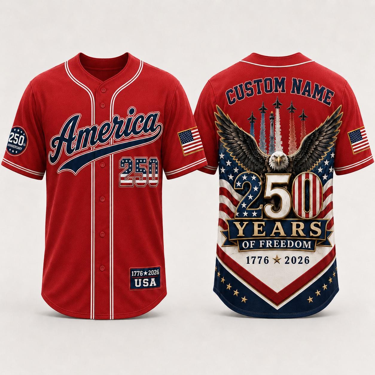 Personalized America 250 Years Baseball Jersey, Custom Name USA 250th Anniversary Jersey, 1776 2026 Freedom Shirt, Patriotic Eagle Jersey | YY18