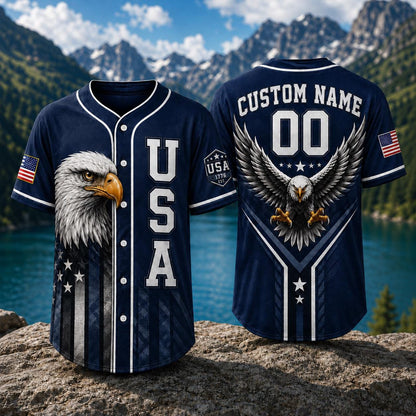 USA Eagle Baseball Jersey, Custom Name Patriotic Jersey, American Flag Shirt, Bald Eagle USA Jersey, Personalized 00 Freedom Gift | AB84