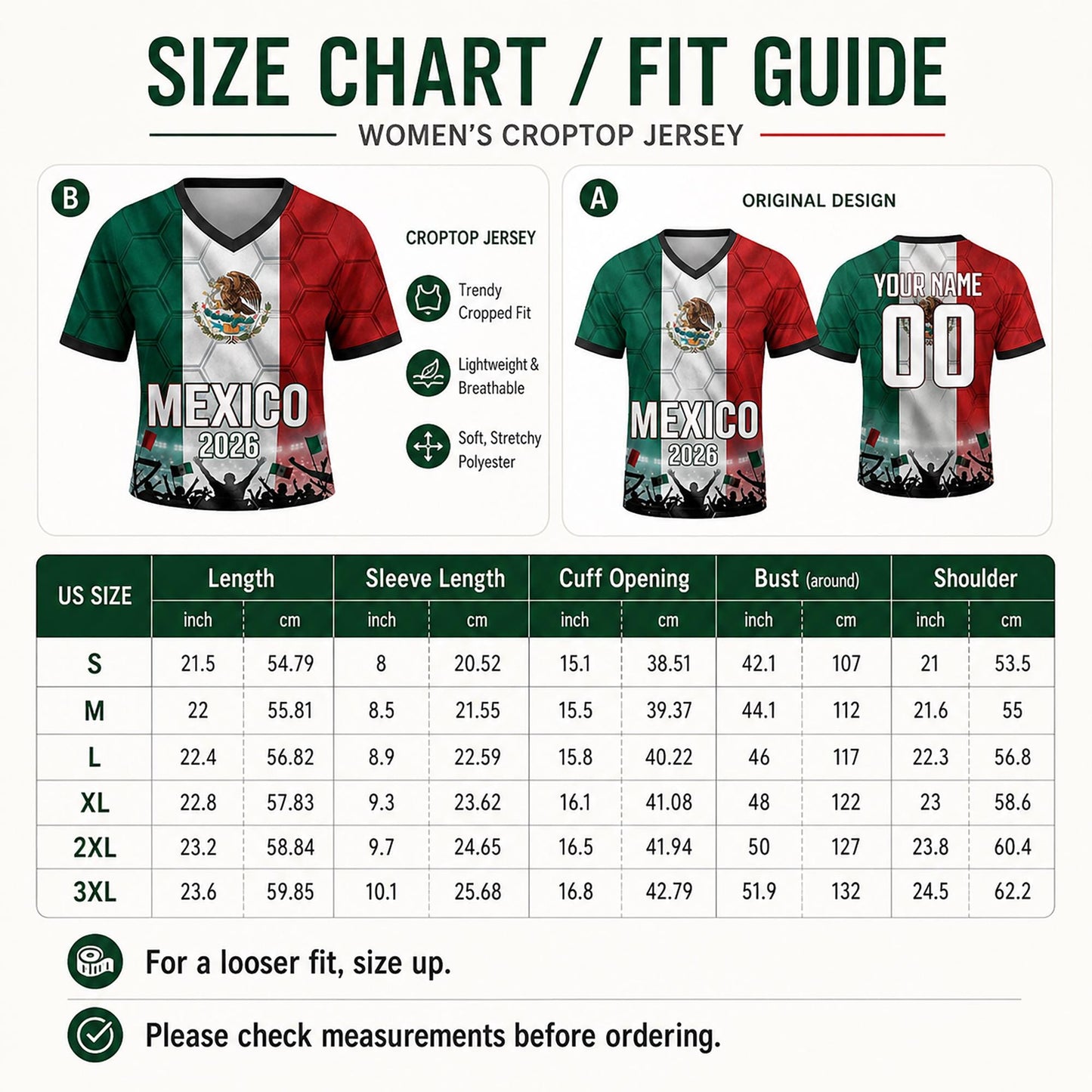 Custom Mexico Crop Top Soccer Jersey 2026, Personalized Name Number World Cup Shirt for Women, Game Day Fan Gift | GA58