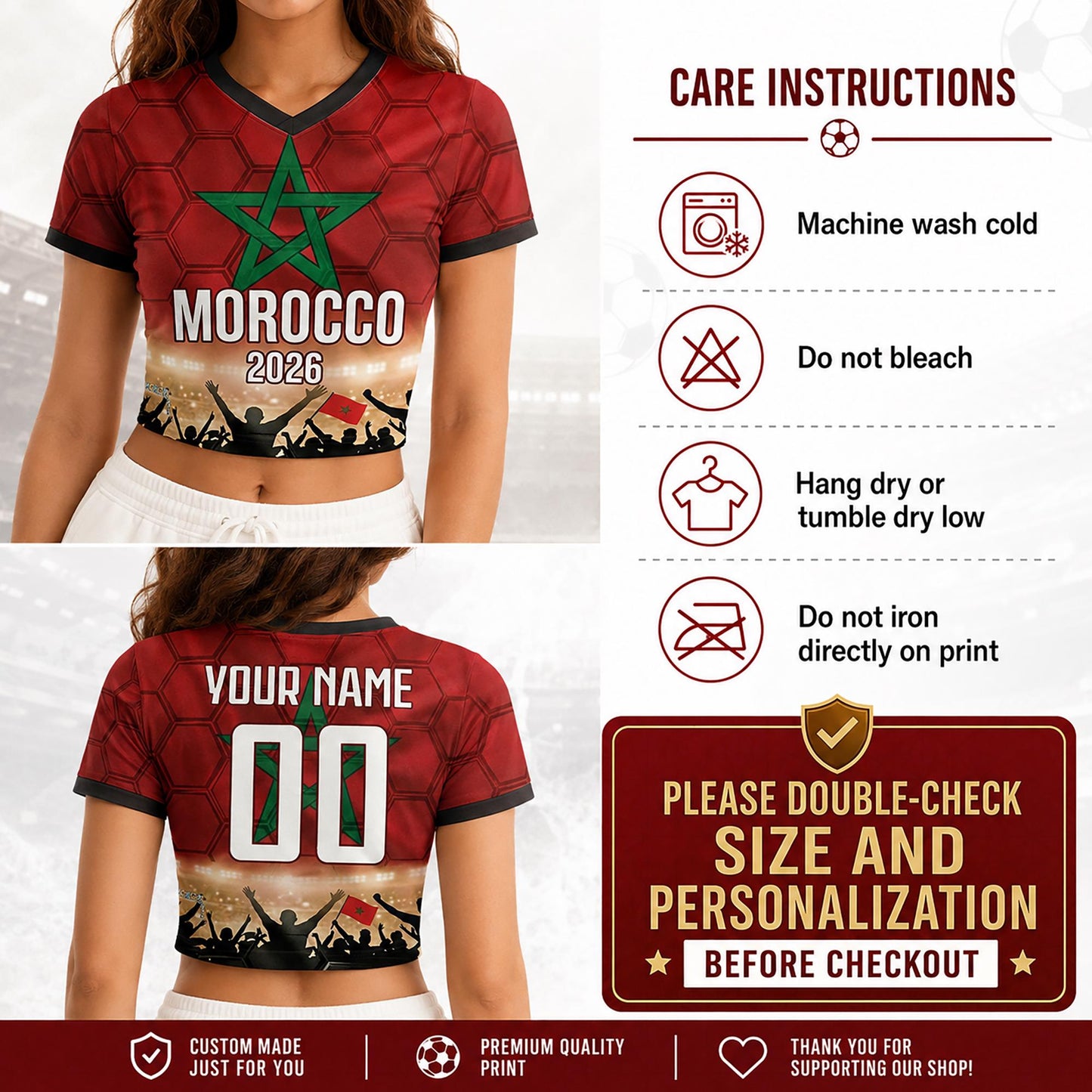 Custom Morocco Crop Top Soccer Jersey 2026, Personalized Name Number World Cup Shirt for Women, Game Day Fan Gift | PC54