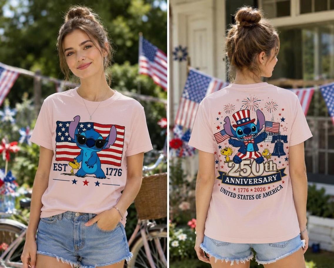 Stitch 250th Anniversary Shirt, Disney Lilo Stitch Comfort Colors Red Double Sided T-Shirt for Women Mom Patriotic Gift Outfit Tee | DN71
