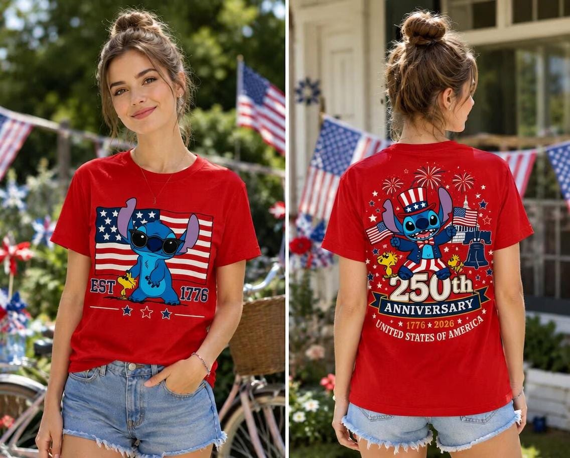 Stitch 250th Anniversary Shirt, Disney Lilo Stitch Comfort Colors Red Double Sided T-Shirt for Women Mom Patriotic Gift Outfit Tee | DN71