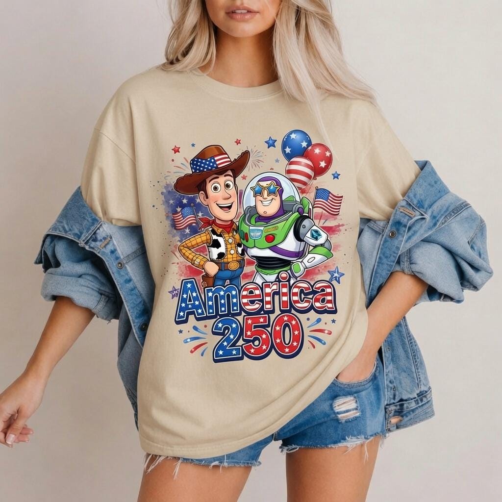 Toy Story America 250 Shirt, Woody Buzz Comfort Colors White T-Shirt for Women Mom Patriotic July 4th Park Day Birthday Gift Outfit Tee | YE26