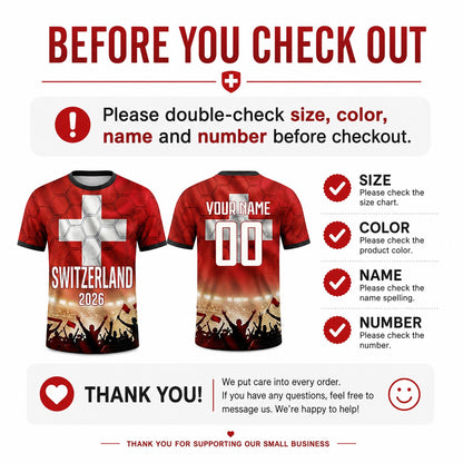 Custom Switzerland Soccer Jersey 2026 World Cup, Personalized Name Number Shirt, Unisex Fan Apparel Gift | MB37