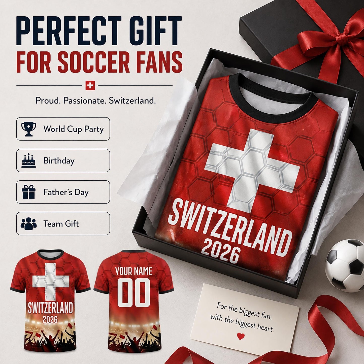 Custom Switzerland Soccer Jersey 2026 World Cup, Personalized Name Number Shirt, Unisex Fan Apparel Gift | MB37