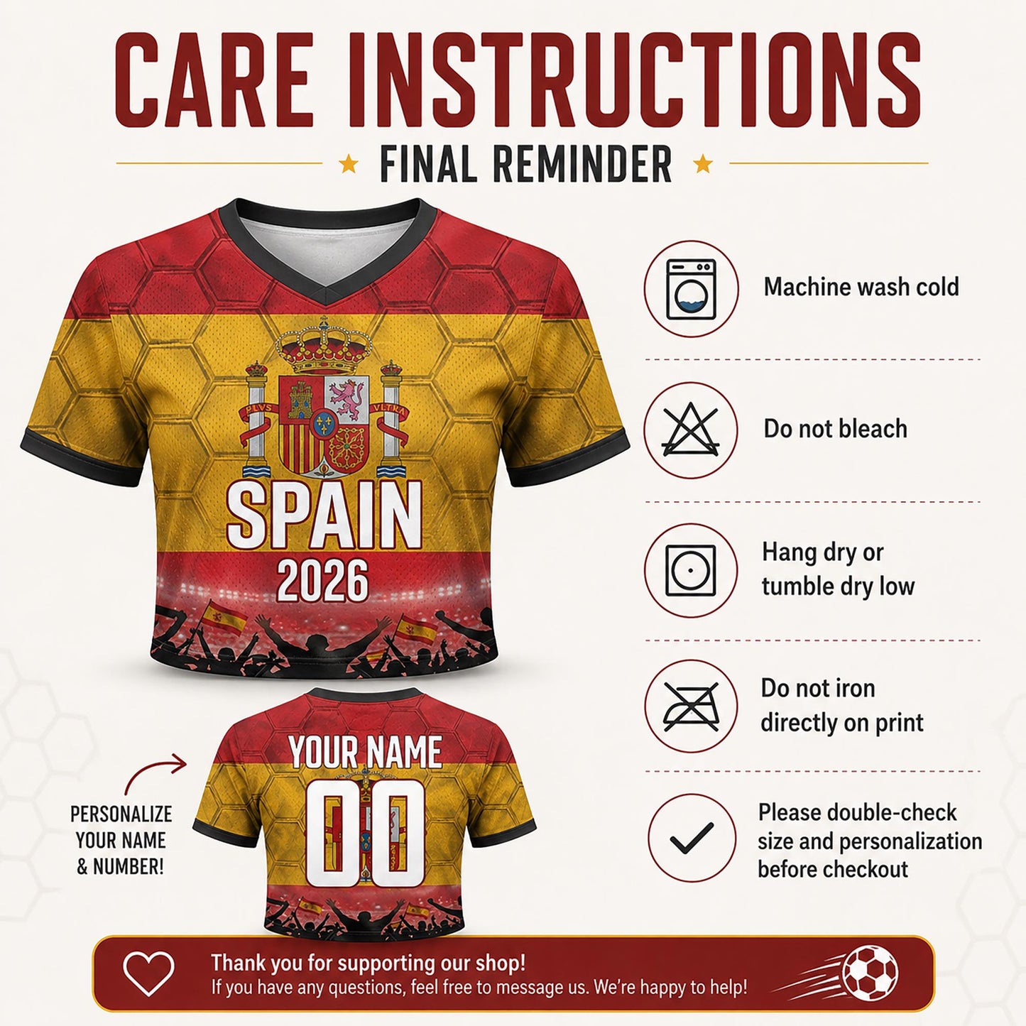 Custom Spain Crop Top Soccer Jersey 2026, Personalized Name Number World Cup Shirt for Women, Game Day Fan Gift | DV42