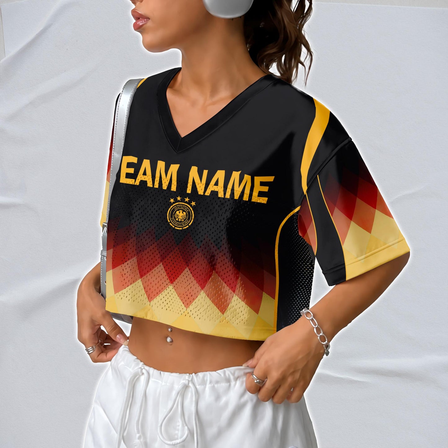 Custom Cheerleading Germany Football Jersey for Women, Personalized Printed Name Number Mesh Crop Top, White Navy Soccer Jersey,German Shirt | YQ86