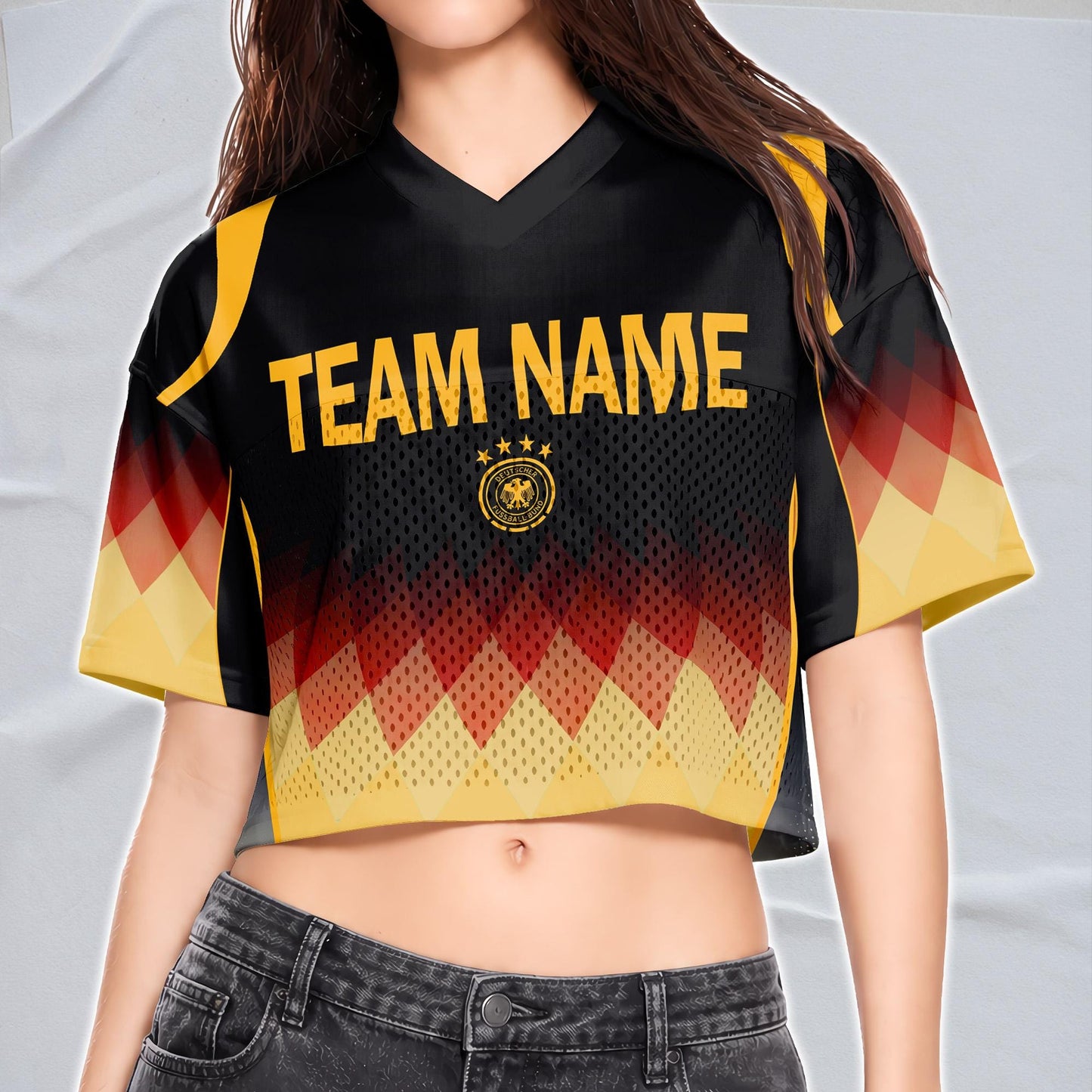 Custom Cheerleading Germany Football Jersey for Women, Personalized Printed Name Number Mesh Crop Top, White Navy Soccer Jersey,German Shirt | YQ86
