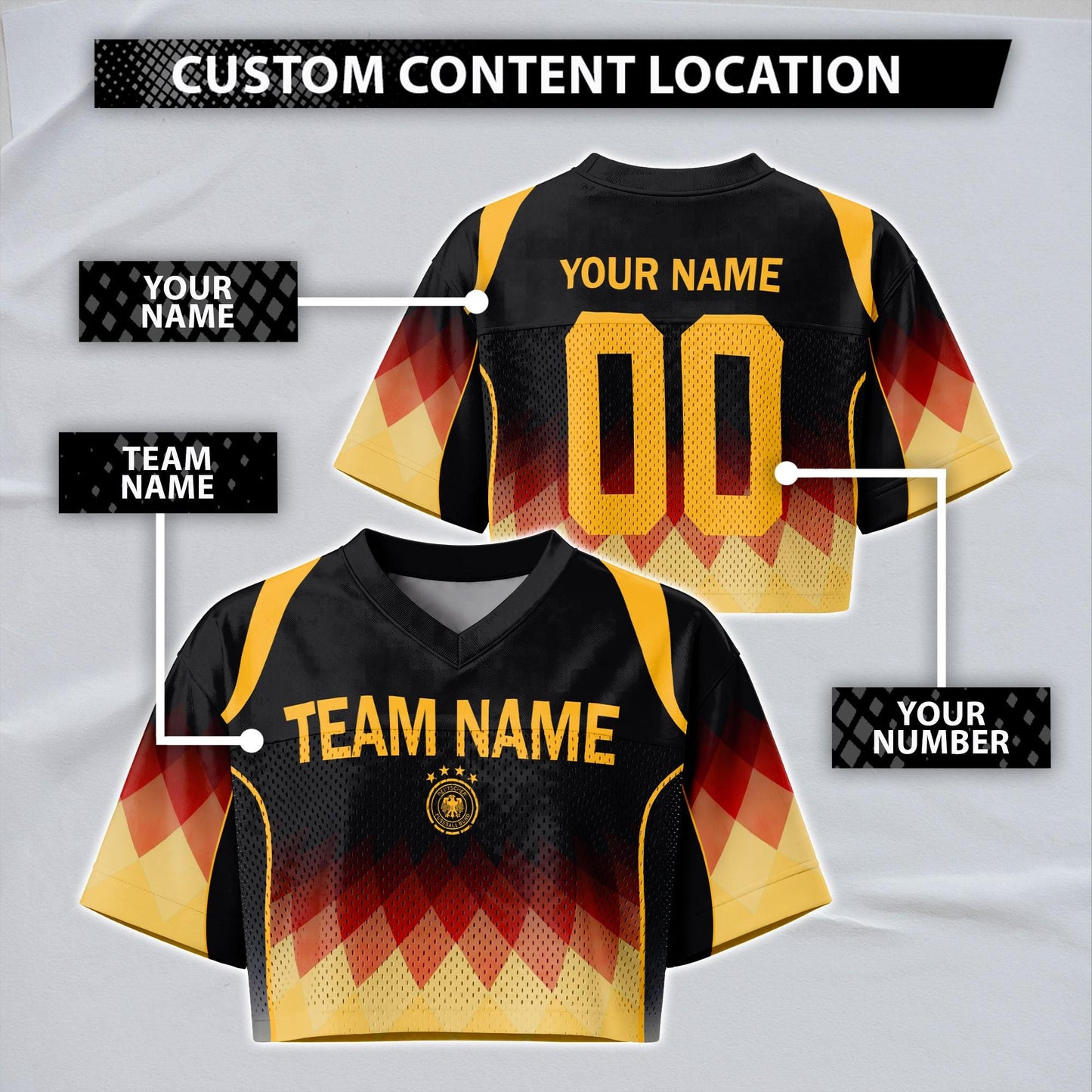 Custom Cheerleading Germany Football Jersey for Women, Personalized Printed Name Number Mesh Crop Top, White Navy Soccer Jersey,German Shirt | YQ86