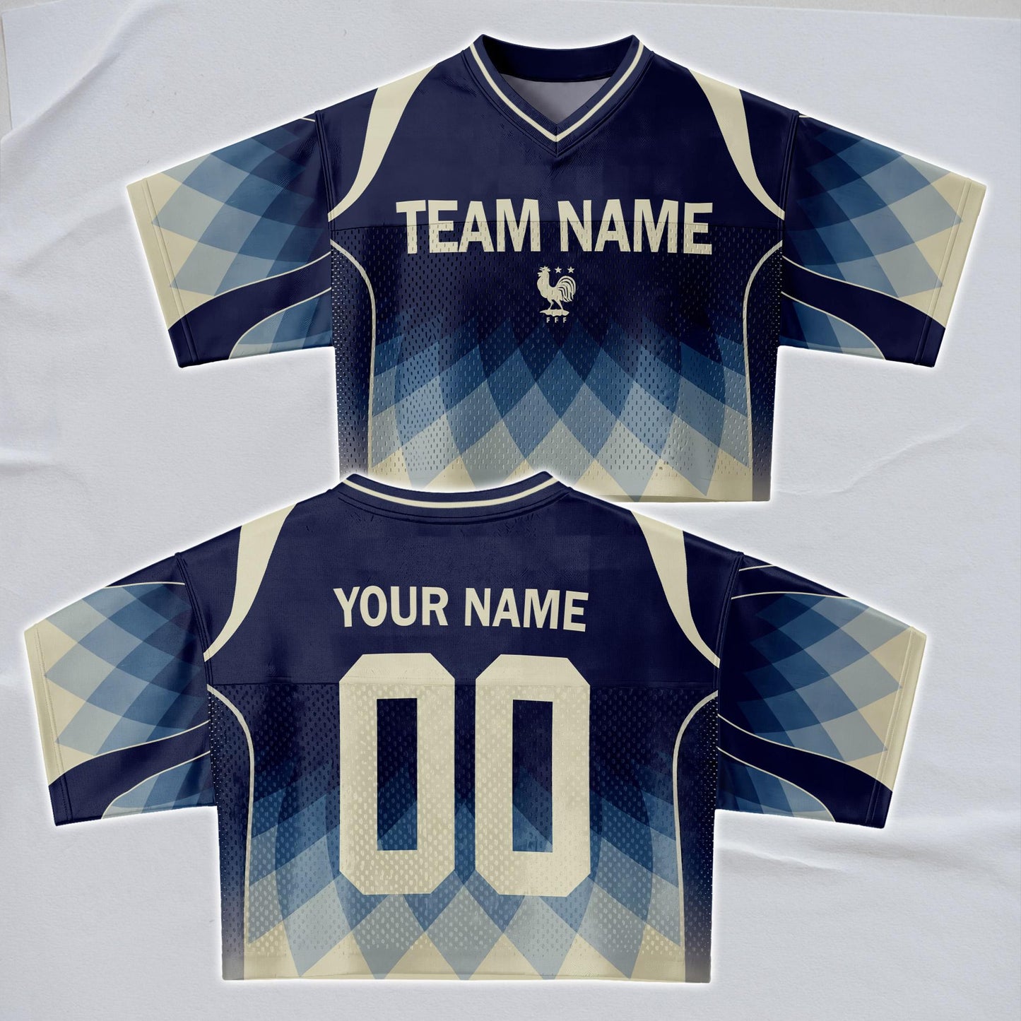 Custom Cheerleading France Football Jersey for Women, Personalized Printed Name Number Mesh Crop Top, White Navy Soccer Jersey,France Shirt | EA51