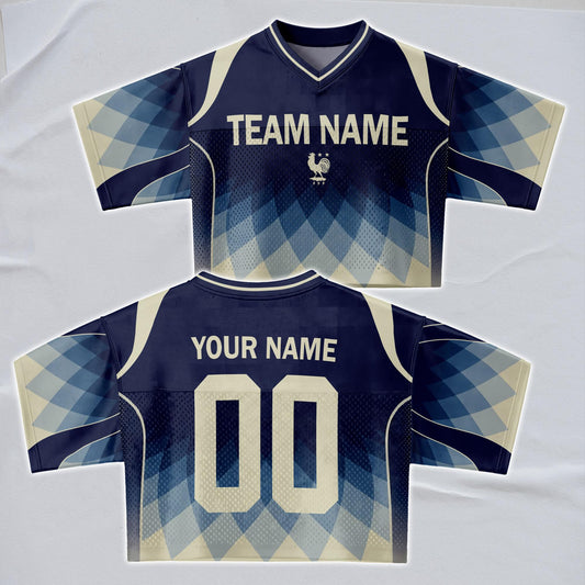 Custom Cheerleading France Football Jersey for Women, Personalized Printed Name Number Mesh Crop Top, White Navy Soccer Jersey,France Shirt | EA51