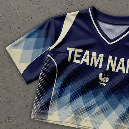 Custom Cheerleading France Football Jersey for Women, Personalized Printed Name Number Mesh Crop Top, White Navy Soccer Jersey,France Shirt | EA51