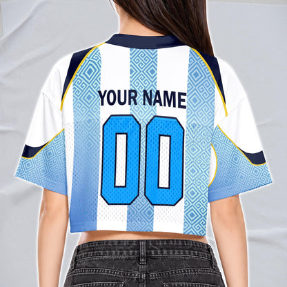 Custom Cheerleading Argentina Football Jersey for Women, Personalized Printed Name Number Mesh Crop Top, White Navy Soccer Jersey | PX91