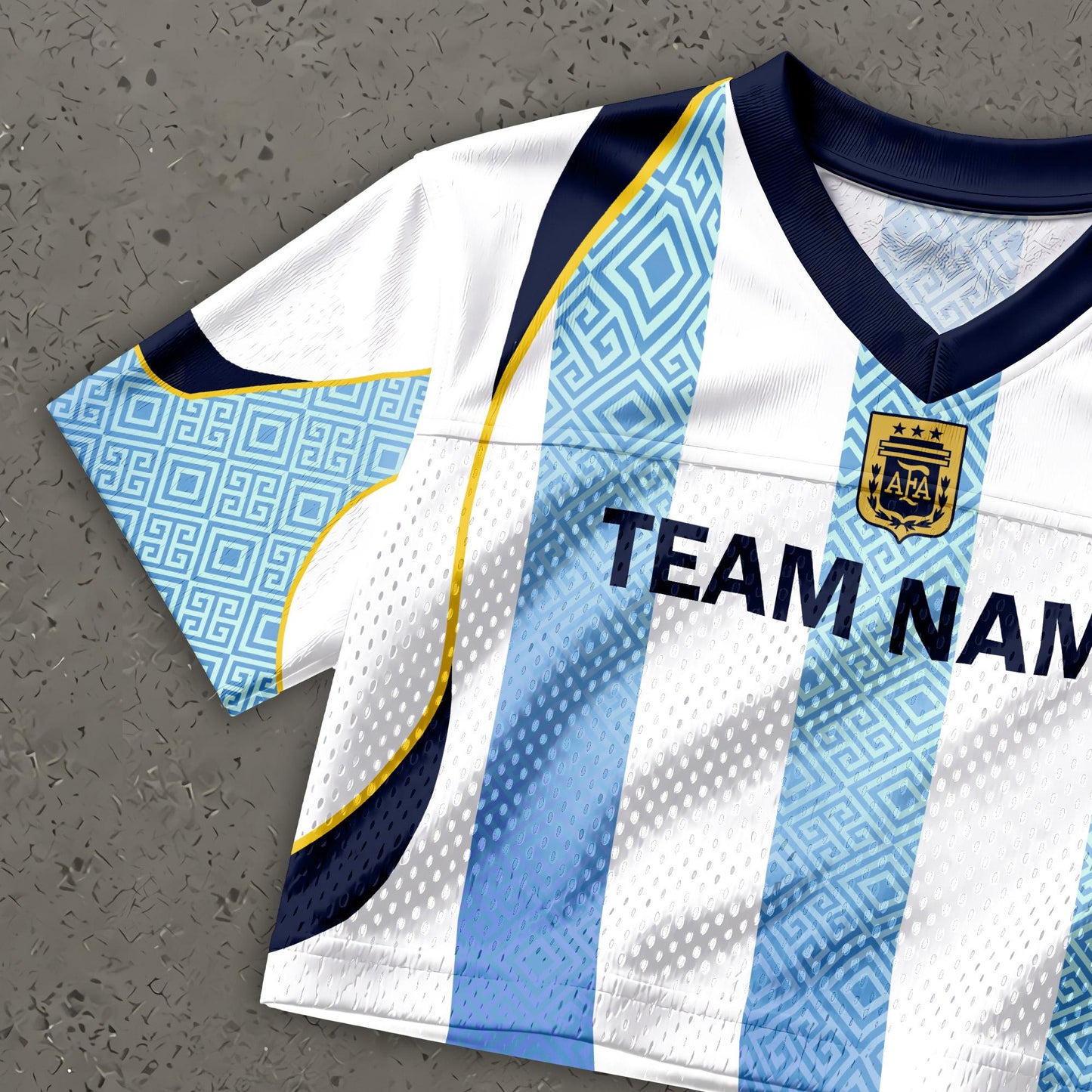 Custom Cheerleading Argentina Football Jersey for Women, Personalized Printed Name Number Mesh Crop Top, White Navy Soccer Jersey | PX91