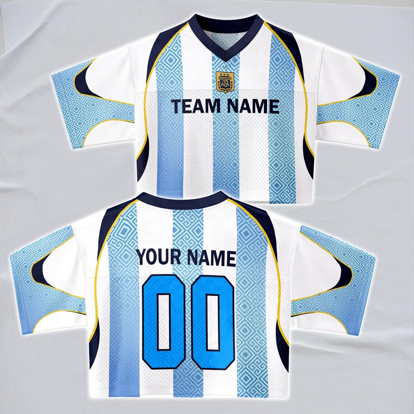 Custom Cheerleading Argentina Football Jersey for Women, Personalized Printed Name Number Mesh Crop Top, White Navy Soccer Jersey | PX91