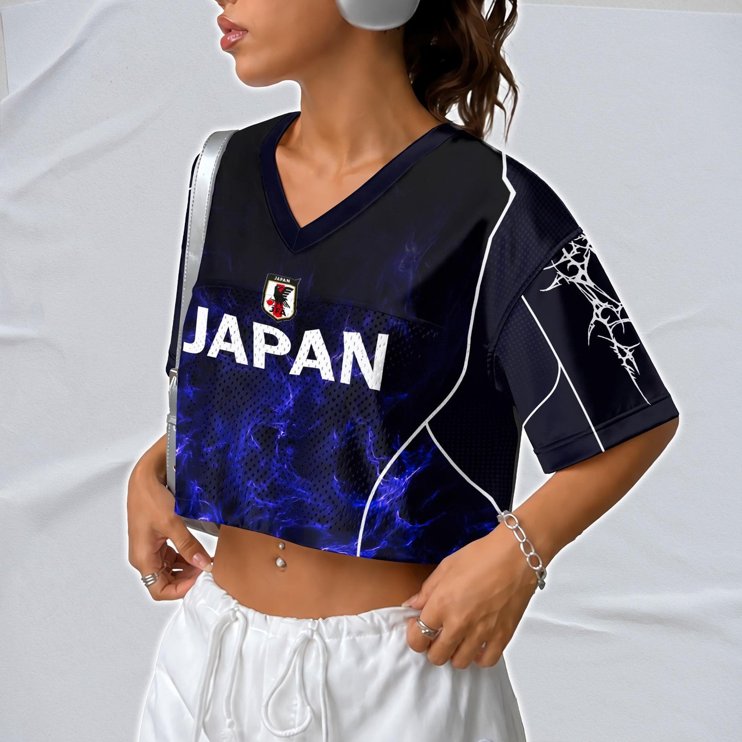 Custom Cheerleading Japan Football Jersey for Women, Personalized Printed Name Number Mesh Crop Top, Black Navy Soccer Jersey, Soccer Shirt | TP78