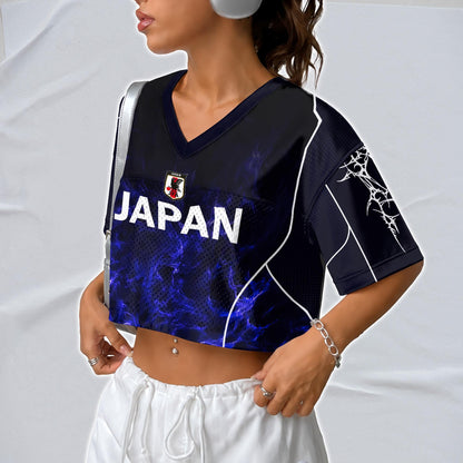 Custom Cheerleading Japan Football Jersey for Women, Personalized Printed Name Number Mesh Crop Top, Black Navy Soccer Jersey, Soccer Shirt | TP78