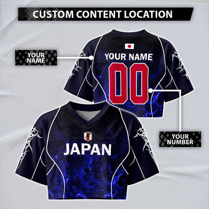Custom Cheerleading Japan Football Jersey for Women, Personalized Printed Name Number Mesh Crop Top, Black Navy Soccer Jersey, Soccer Shirt | TP78