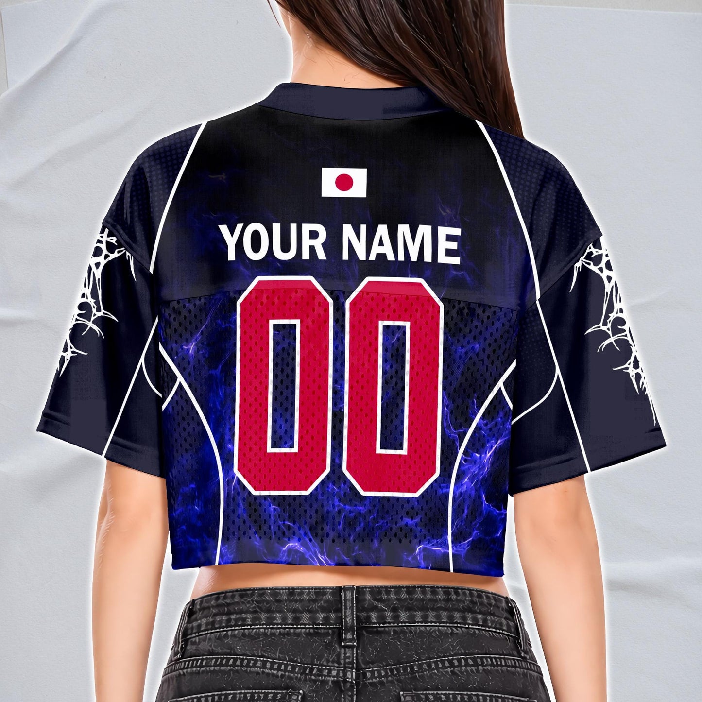 Custom Cheerleading Japan Football Jersey for Women, Personalized Printed Name Number Mesh Crop Top, Black Navy Soccer Jersey, Soccer Shirt | TP78