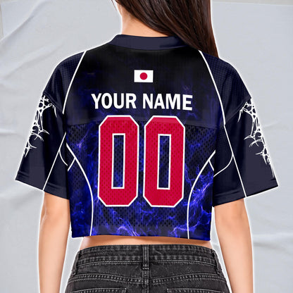 Custom Cheerleading Japan Football Jersey for Women, Personalized Printed Name Number Mesh Crop Top, Black Navy Soccer Jersey, Soccer Shirt | TP78