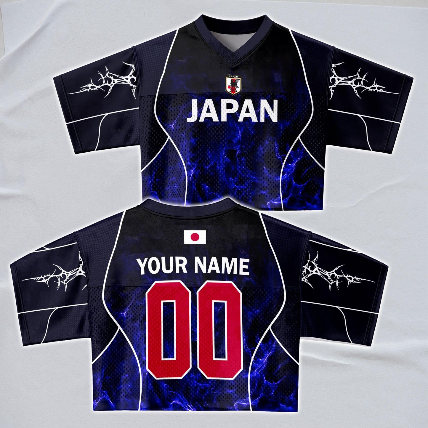 Custom Cheerleading Japan Football Jersey for Women, Personalized Printed Name Number Mesh Crop Top, Black Navy Soccer Jersey, Soccer Shirt | TP78