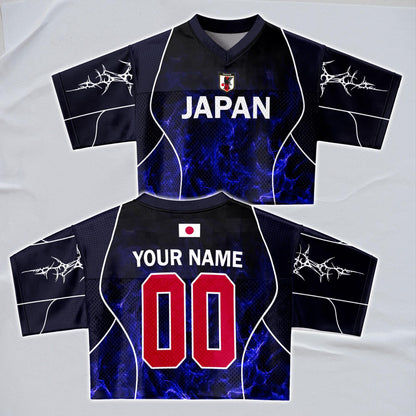 Custom Cheerleading Japan Football Jersey for Women, Personalized Printed Name Number Mesh Crop Top, Black Navy Soccer Jersey, Soccer Shirt | TP78