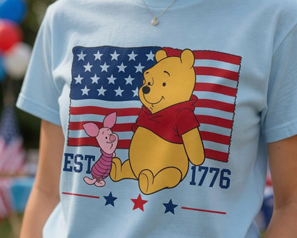 Winnie the Pooh 250th Anniversary Shirt, Disney Pooh Piglet Comfort Colors Tee, Patriotic Front Back July 4th Gift for Women | AC80