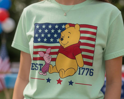Winnie the Pooh 250th Anniversary Shirt, Disney Pooh Piglet Comfort Colors Tee, Patriotic Front Back July 4th Gift for Women | AC80