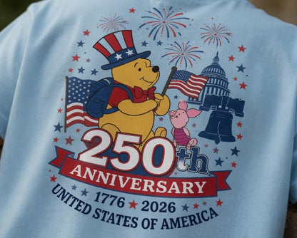 Winnie the Pooh 250th Anniversary Shirt, Disney Pooh Piglet Comfort Colors Tee, Patriotic Front Back July 4th Gift for Women | AC80