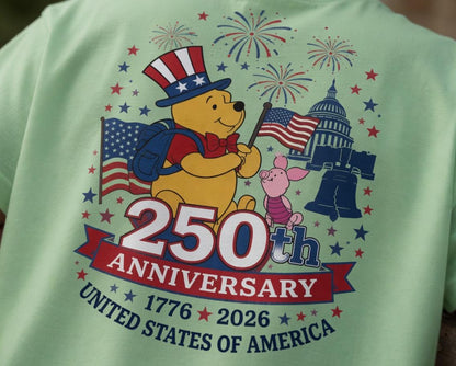 Winnie the Pooh 250th Anniversary Shirt, Disney Pooh Piglet Comfort Colors Tee, Patriotic Front Back July 4th Gift for Women | AC80