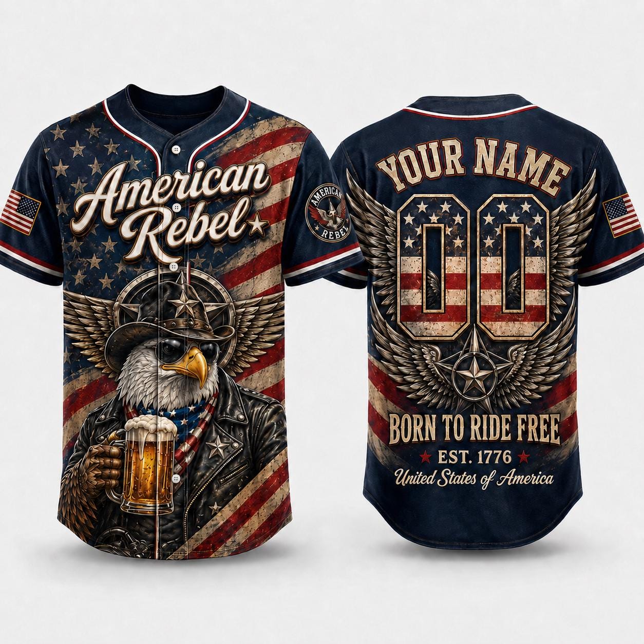 American Rebel Baseball Jersey, Custom Patriotic Eagle Jersey, USA Shirt, Born To Ride Free Biker Jersey, 4th Of July Gift For Men | JH34