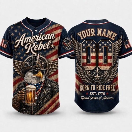 American Rebel Baseball Jersey, Custom Patriotic Eagle Jersey, USA Shirt, Born To Ride Free Biker Jersey, 4th Of July Gift For Men | JH34