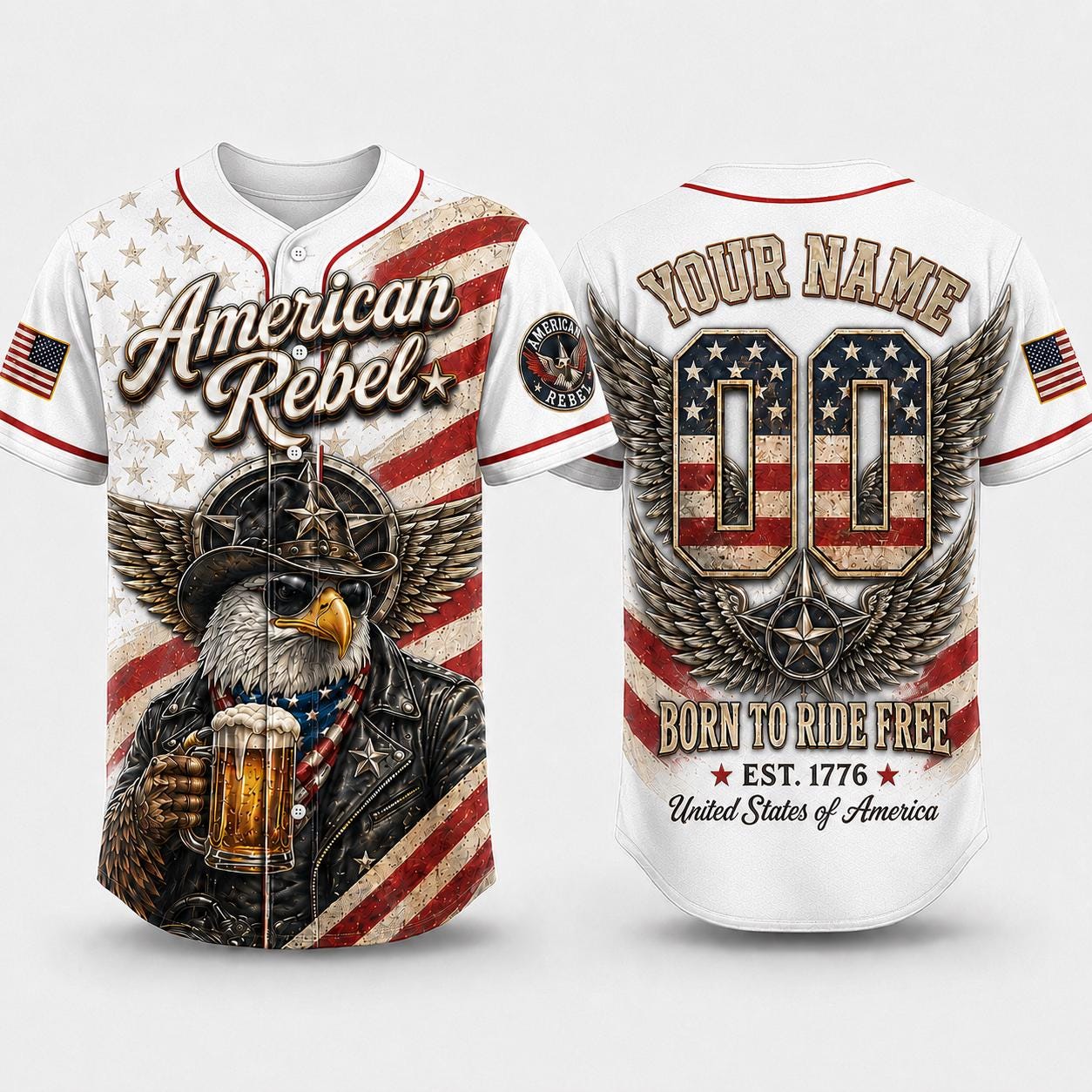 American Rebel Baseball Jersey, Custom Patriotic Eagle Jersey, USA Shirt, Born To Ride Free Biker Jersey, 4th Of July Gift For Men | JH34